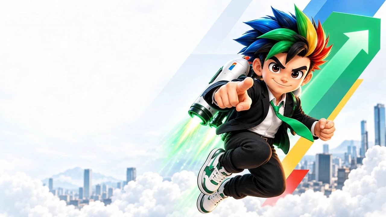 Personagem da IMARK com cabelo nas cores da marca, voando com uma mochila propulsora